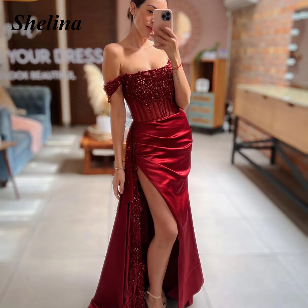 

Shelina Fancy Scoop Prom Dress Satin A-line Lace Appliques Split Crystal Pleat Off the Shoulder Vestido De Noche Personalised