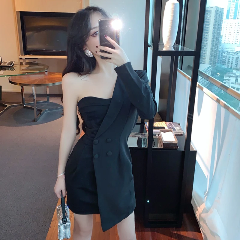 

Пикантные элегантные женские платья без бретелек, двубортные короткие мини-платья с высокой талией, весна 2020, корейские платья