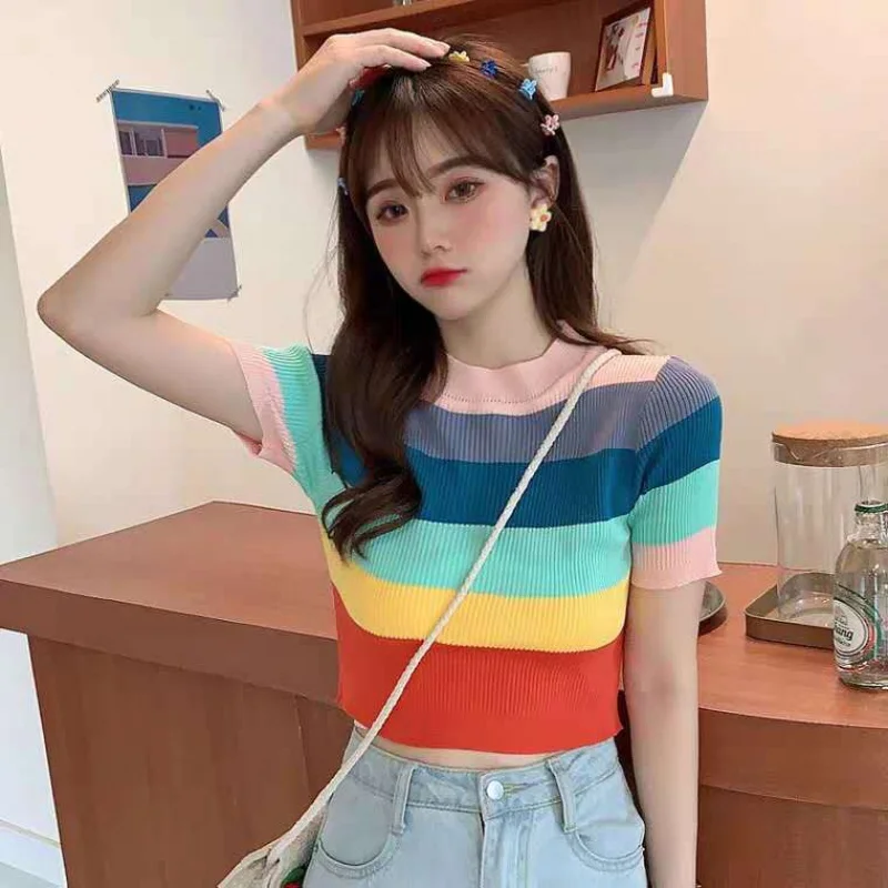 

Модный свитер в радужную полоску с коротким рукавом, Женский облегающий Топ