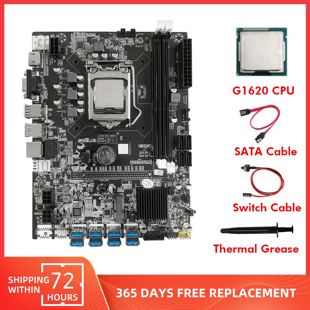

B75 BTC Mining Motherboard Set Combo with G1620 CPU Support 8 GPU Graphics Card LGA 1155 DDR3 Processor 4 SATA USB3.0 ETH Miner