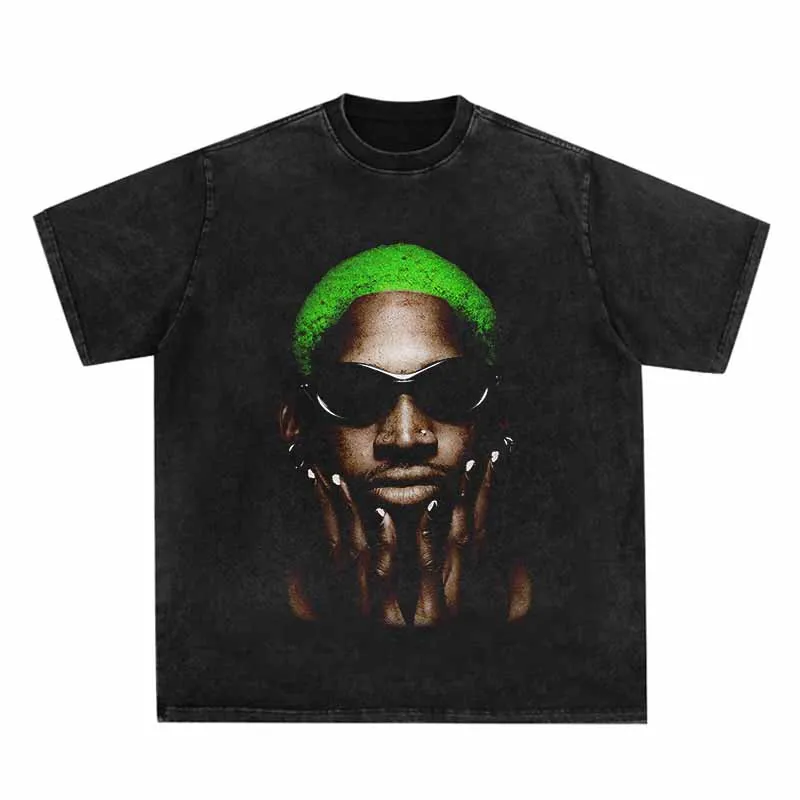 

Fashion Vintage Washed Short Sleeve Summer T-Shirt Men Hip Hop Streetwear Dennis Rodman Portrait Print T Shirt Cotton Casual Tee