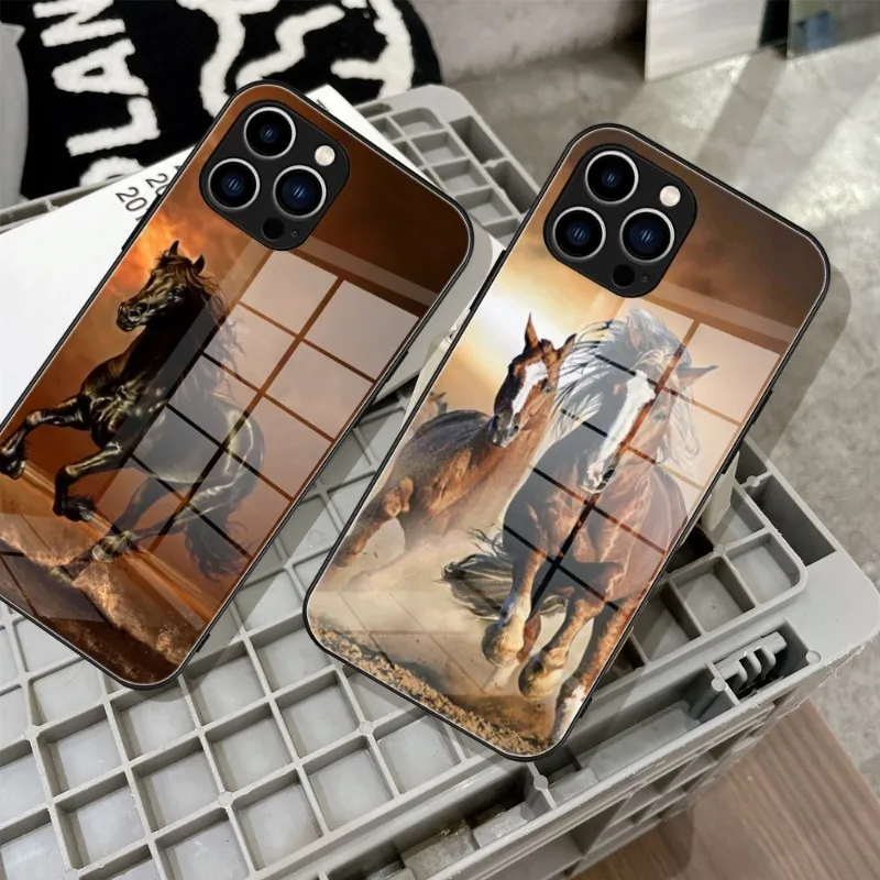 

Animal Oil Painting Horse Phone Case Tempered Glass For IPhone 14 13 11 12 Pro 8 7 Plus X 13 Pro MAX XR XS MINI SE 2020 Covers