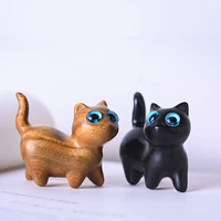 kawaii cat miniature figurines handmade sandalwood carving kitty sculpture desk ornaments fairy garden room decor birthday gift
