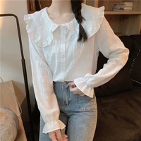 new hot selling female tops korean fashion long sleeve blouse casual ladies work button up peter pan collar shirt woman tops