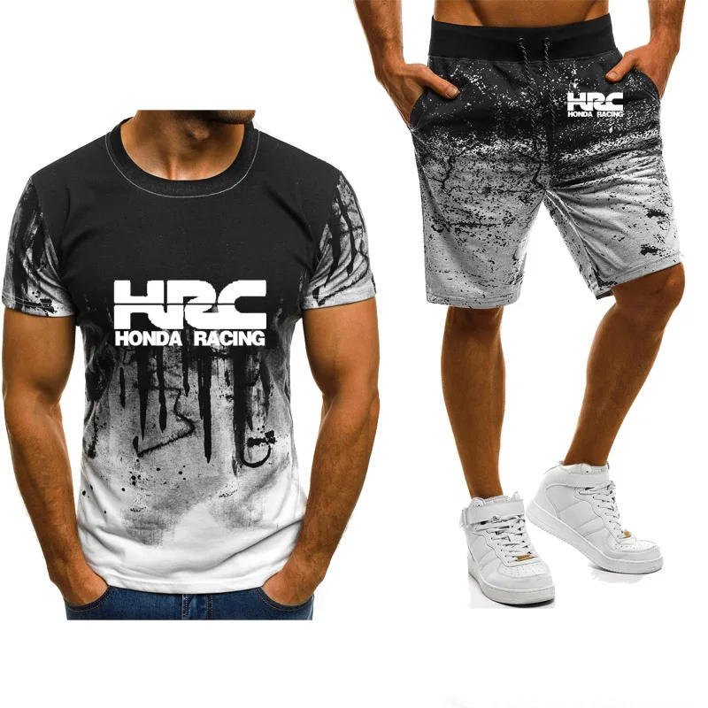 

New 2022Men's short sleeve HRC Car Logo Print Gradient High Quality Cotton casual Mens T-Shirt Pants Suit 2Pcs