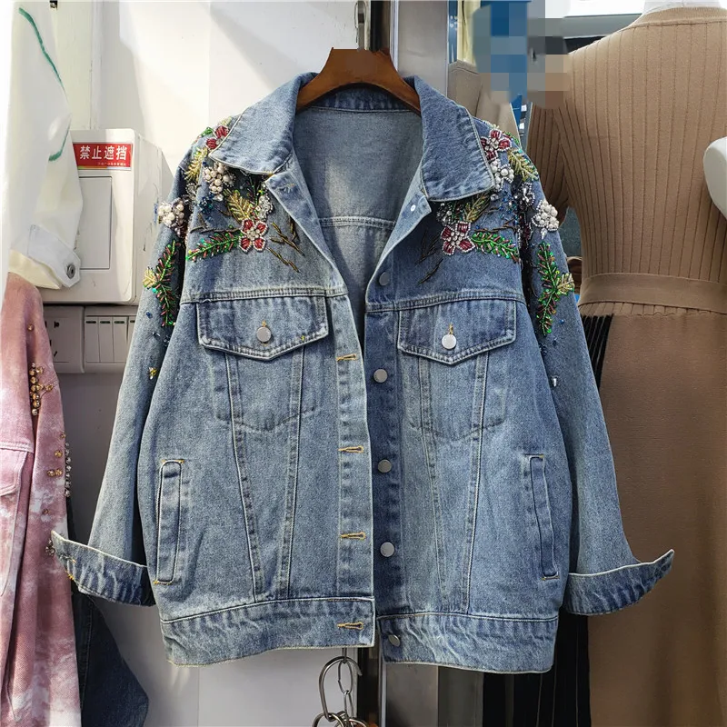 

Spring Fashion Beading Embroidery Denim Jacket Coat Women Loose Outwear Vintage Blue Long Sleeve Big Pocket Jeans Jacket Female