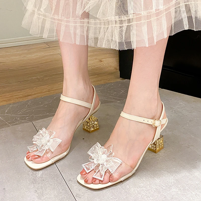 

Rimocy Summer Crystal Flower Sandals for Women 2022 Clear PVC Strange Style Sandalias Mujer Lace Bow High Heels Party Shoes