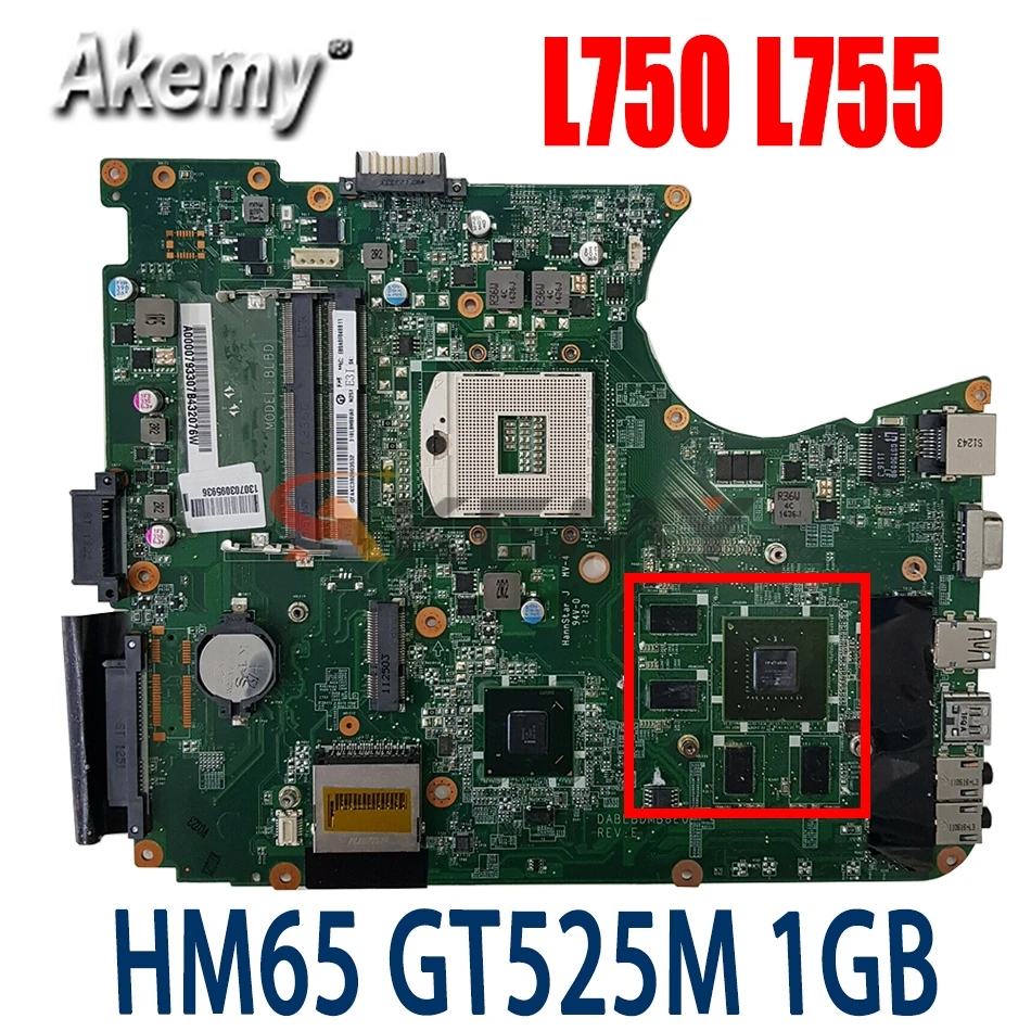 

AKemy DABLBDMB8E0 A000080820 Main Board For Toshiba satellite L750 L755 Laptop Motherboard HM65 DDR3 GT525M 1GB