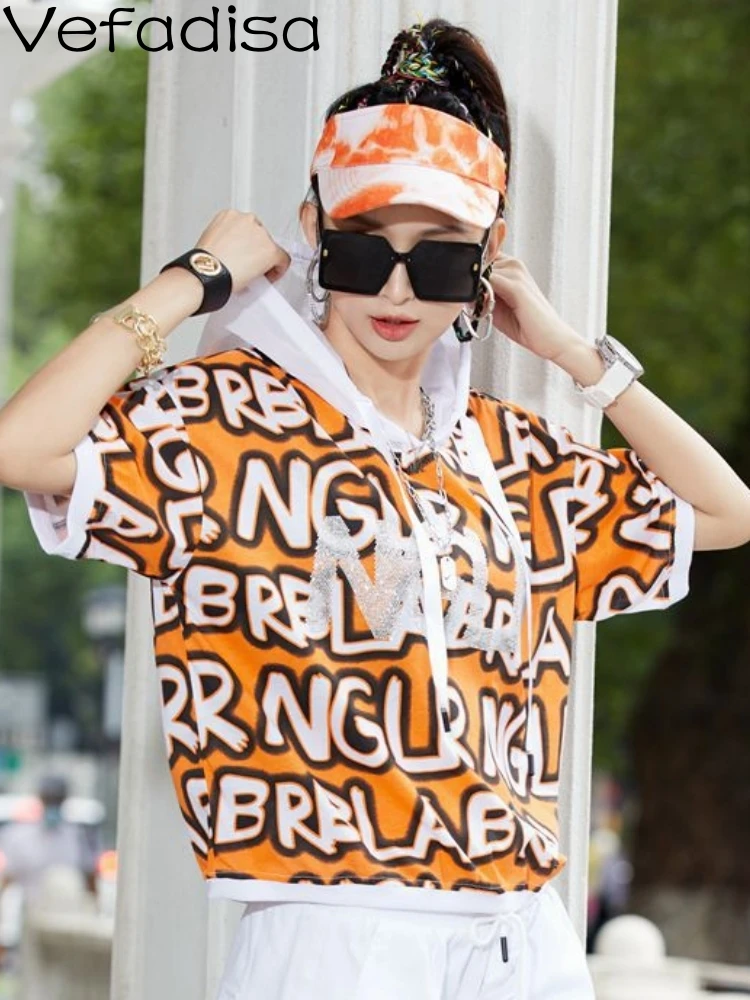 

Vefadisa 2023, летняя женская модная толстовка с буквенным принтом и коротким рукавом, модная индивидуализированная футболка с коротким рукавом для девушек ZY1668
