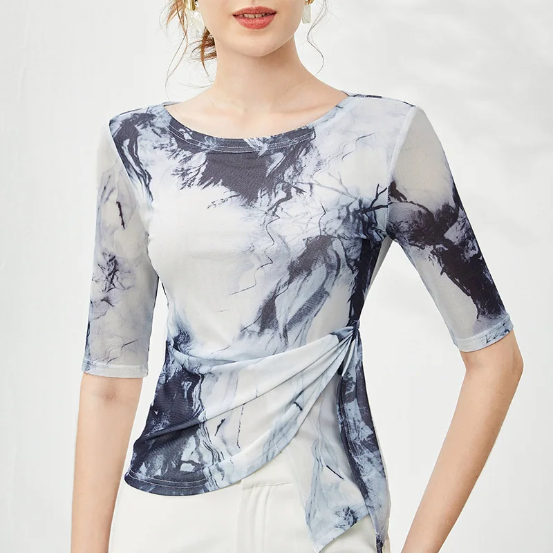 

Spring Autumn 2023 New Mesh Medium-sleeved T-Shirt Women's Top Irregular Waist Half Sleeve Chiffon Tops