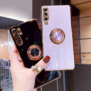 luxury plating silicone case for huawei p30 pro p20 mate 20 p40 honor 20 30 pro nova 5t phone soft magnet cover with ring holder free global shipping