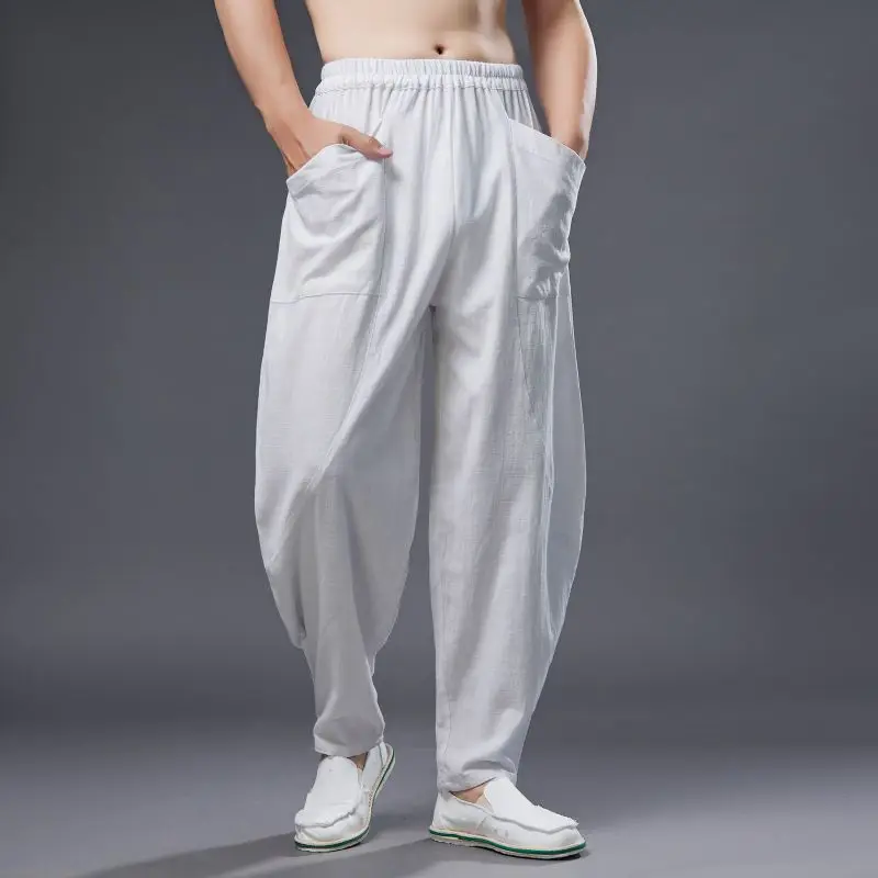 

Cloth simple men's harem pants linen cotton elastic waistband Chinese style casual pants loose cotton linen lantern pants