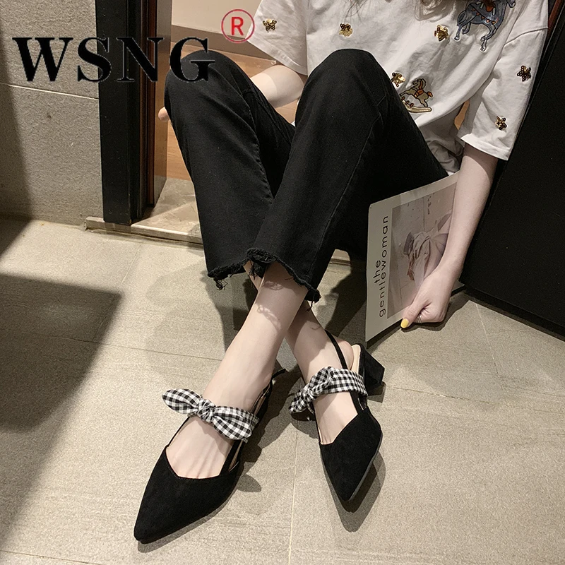 

2022 Summer Women's Mid Heel Sandals Women's Pointed Toe Square Heel High Heels Fashion Bow Wedding Party Brand Women Shoes
