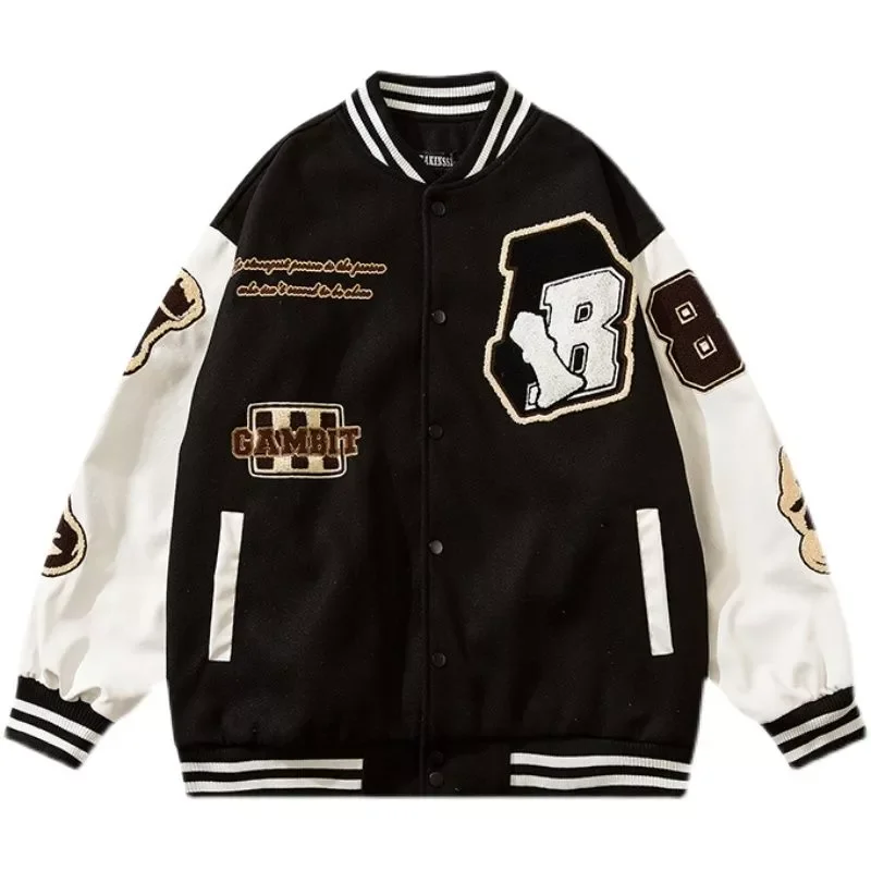 

2023New PU Leather Varsity Jacket Couple Letter Embroidery Contrasting Colors Bomber Jackets Women Hip Hop Street Loose spring C