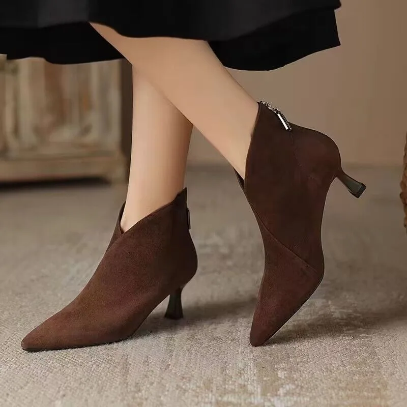 

2023 Brand Shoes for Women Back Zip Women's Boots Fashion Solid Office and Career Sexy Pointed Toe Thin Heels Ankle Bootszapatos