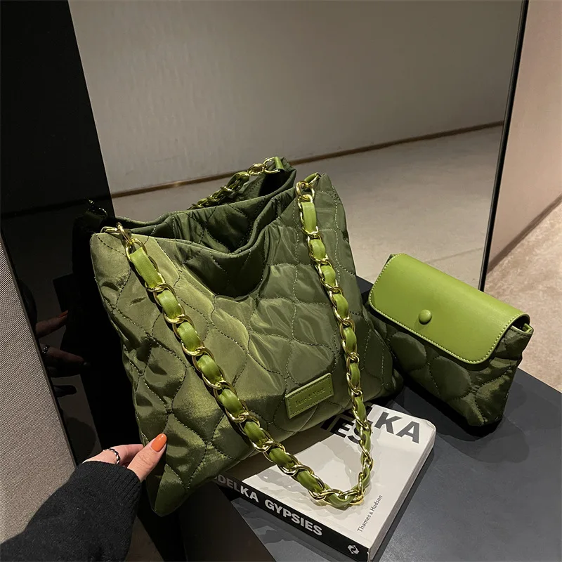 

2 Set Side Shoulder Bags for Women Designer Quilted Soft Fabric Handbags and Purses Trend Big Zipper Cloth Hand Tote Bag Luxury