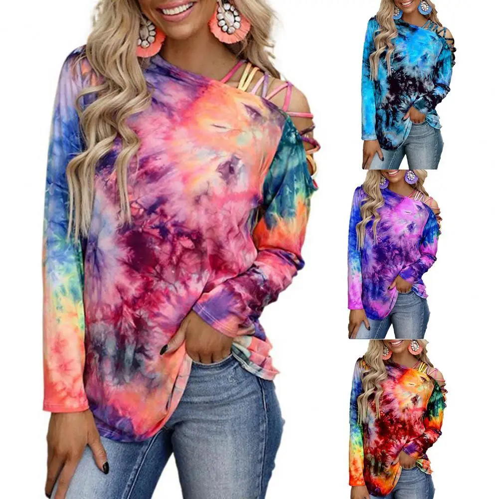

2021 New Women Casual T-Shirt Tie Dye Print Off Shoulder Long Sleeve Loose T-Shirt Pullover Top Women T-Shirts