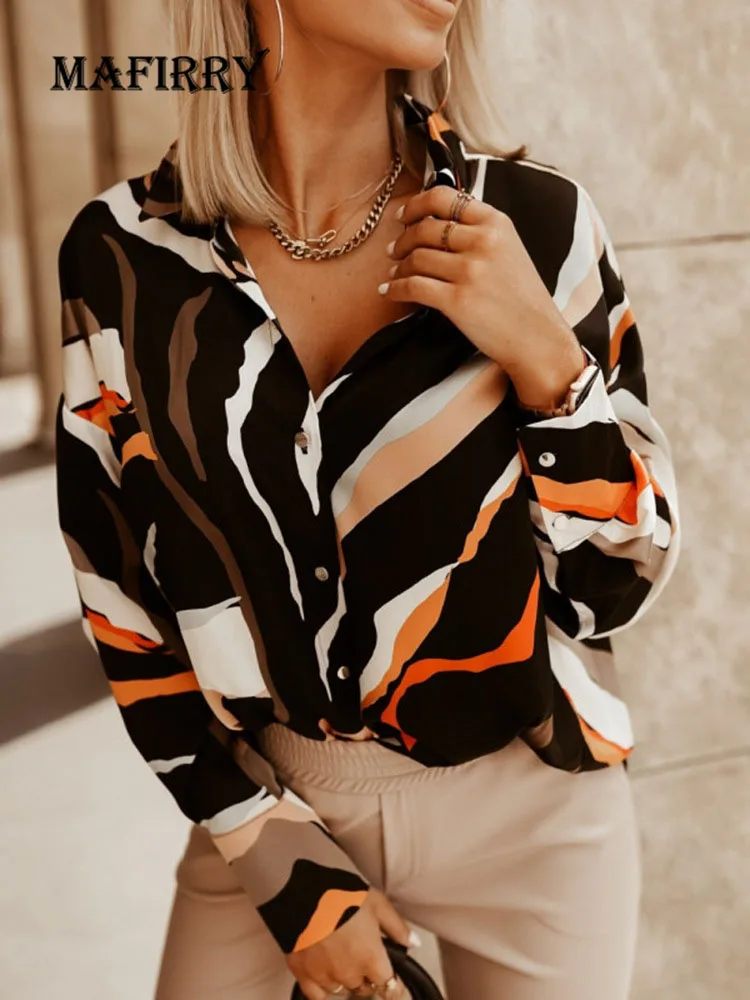 

2022 Spring Autumn Office Lady Long Sleeve Tops Elegant Women Shirt Sleeve Loose Clothing Vintage Print Single Breasted Blouse