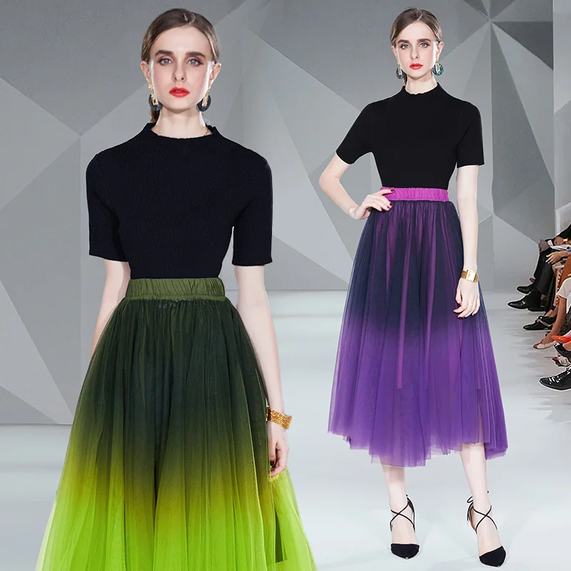 

JSXDHK Runway Elegant Summer 2 Piece Set Women Stand Collar Knitted Thin Sweater Tops + Mesh Patchwork Pleated Long Skirt Suits