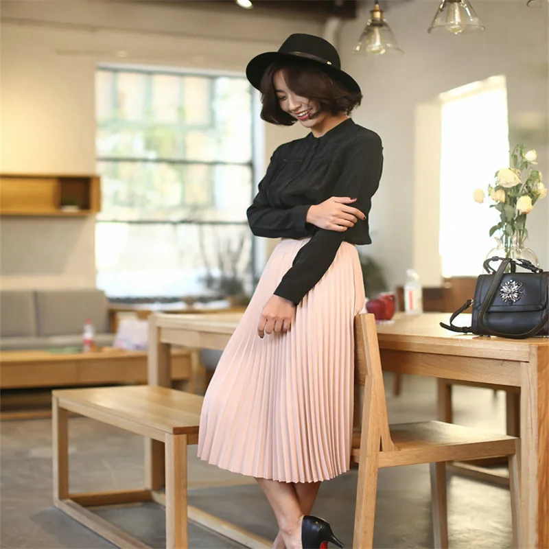 Spring and Autumn New Fashion Women's High Waist Pleated Solid Color Half Length Elastic Skirt Promotions Lady Black Pink