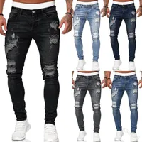 Street Trend Ripped Holes Jeans for Men Casual Slim Fit Skinny Denim Pants Youth Male Small Feet Cotton Washed Cowboy Trousers