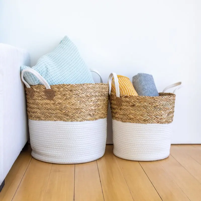 

Set of 2 Round Storage Basket, Braided Seagrass & Cotton Rope (XL+), Natural & White