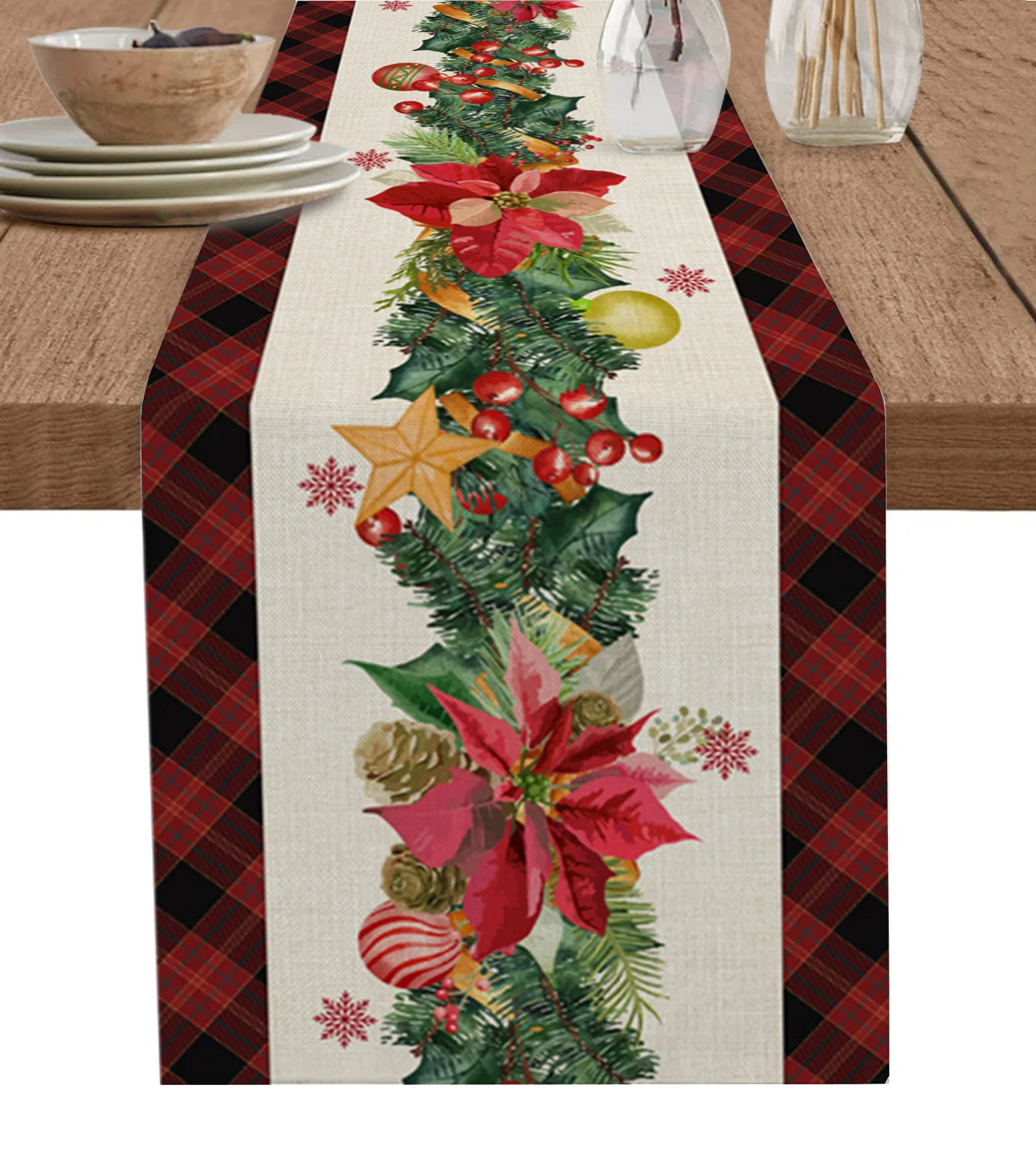 

Christmas Snowflake Lights Ball Pine Tree Table Runner Christmas Decoration Tablecloth Wedding Party Decor Table Cover