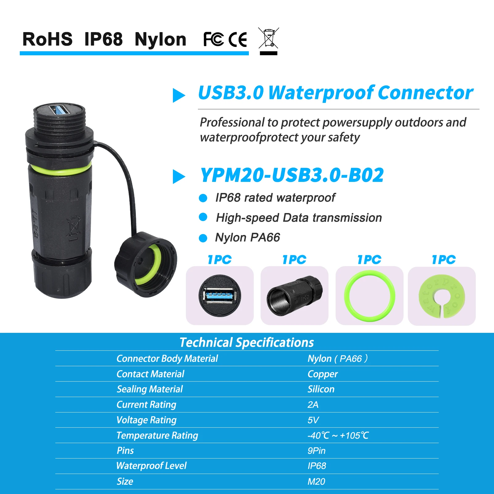 Фото Водонепроницаемый USB 3.0 разъем YXY IP68 для монтажа на панель 20 мм - Сверхпрочный порт для зарядки на открытом воздухе для морского транспорта/автодомов/промышленности №4