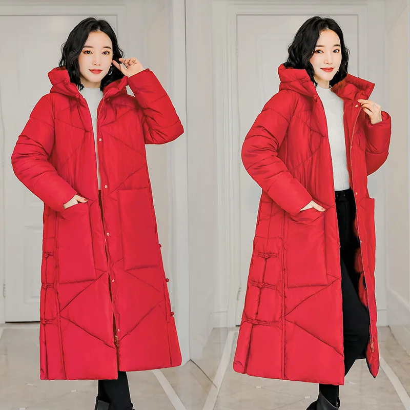 winter x-long Parka woman loose down cotton-padded jacket vintage fashion warm thick coat snow coats 2023 down coats black red