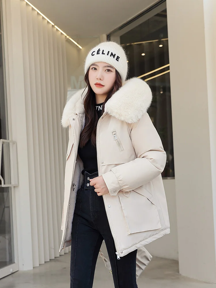 2022 New Winter Big Pocket Jacket Women Parka Fashion Wool Liner Hooded Coat Loose With Fur Collar Warm Snow Wear Padded Clothes