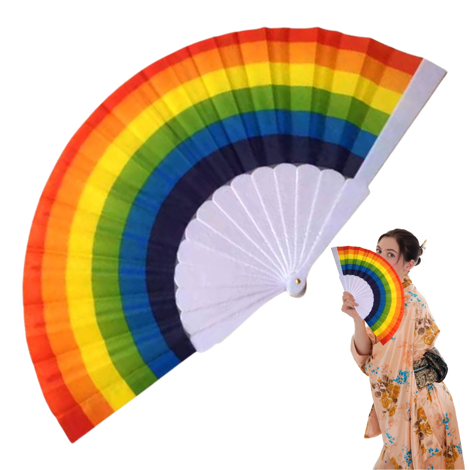 

1PC Rainbow Handheld Folding Fan Art Craft Gift Home Decoration Ornaments Party Dance Hand Fan Gift Dance Performance Fan