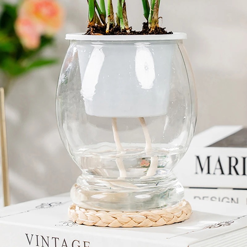

1Pc Transparent Imitation Glass Pot Simple Double Layer Self Watering Plastic Flowerpot Water Auto Absorption Planter