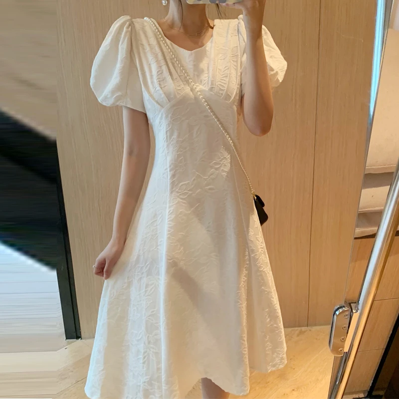 Summer Women Elegant Loose White Dress Casual Embroidery V-Neck Puff Sleeve Midi Dresses