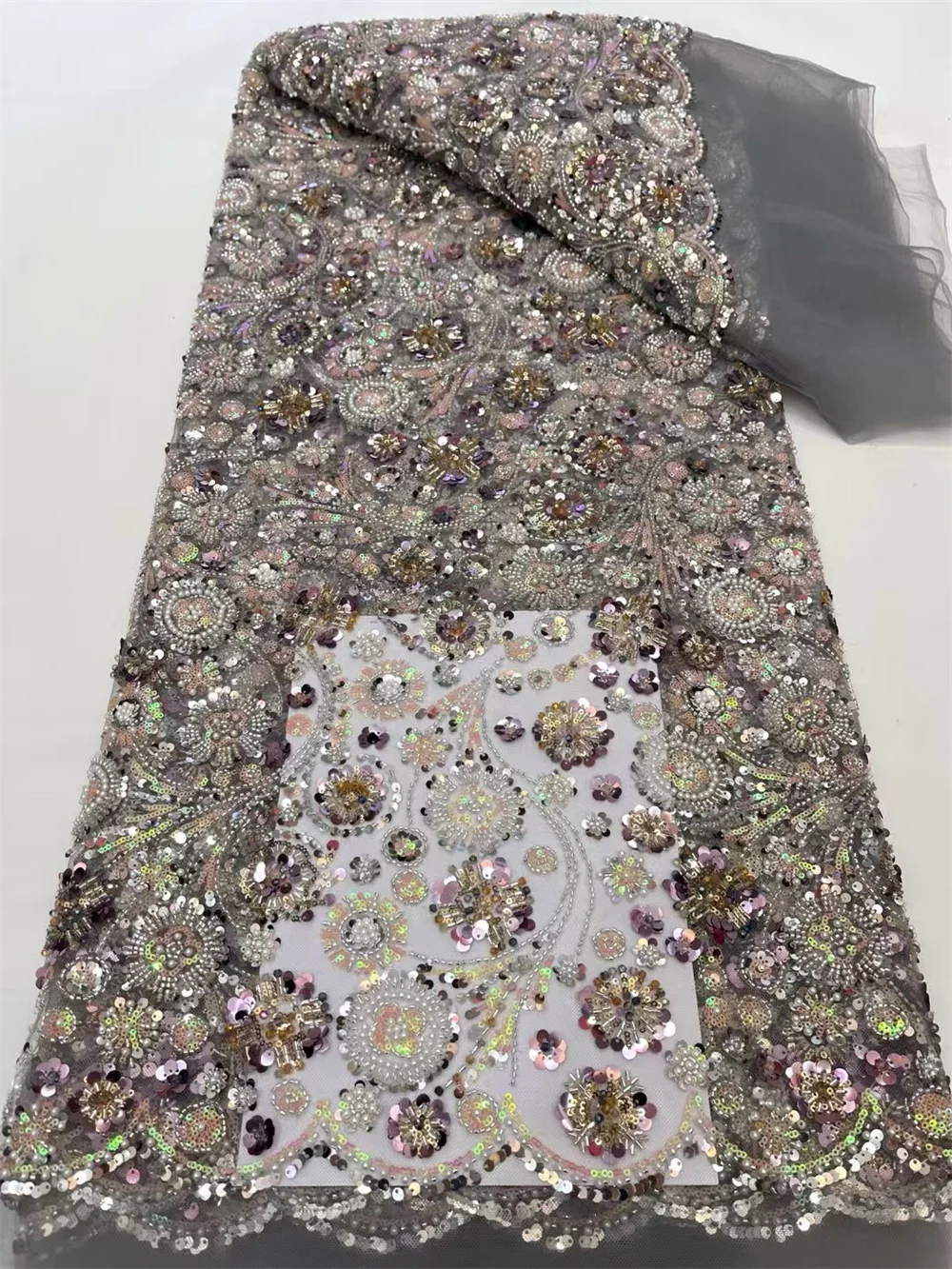 Небесно-голубая новейшая французская тюлевая кружевная ткань с бисером