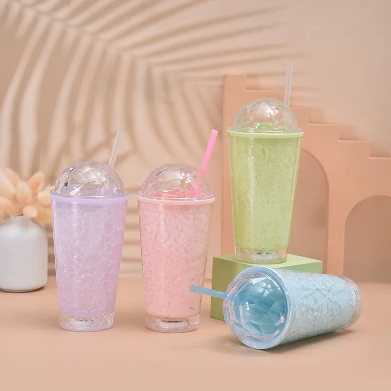 

1pcs 450ML environment-friendly double-layer general purpose small fresh LED light straw plastic crushed ice sippy cup