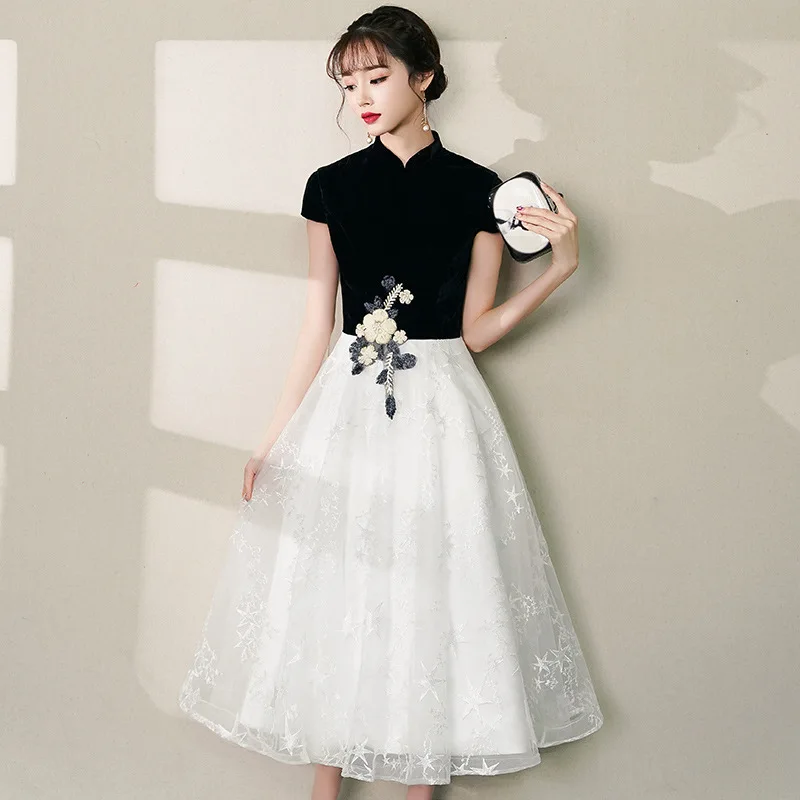 Elegant Embroidery Applique Velour Chiffon Patchwork A-Line Party Dress Cheongsam Wedding Qipao Luxury Gown Vestido