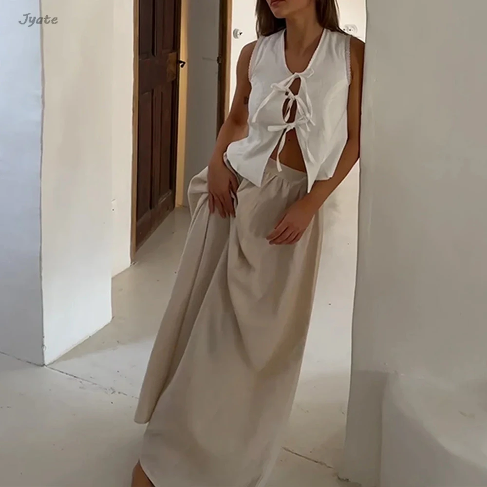 Женский комплект из топа на шнуровке и длинной юбки А-силуэта жилет свободная