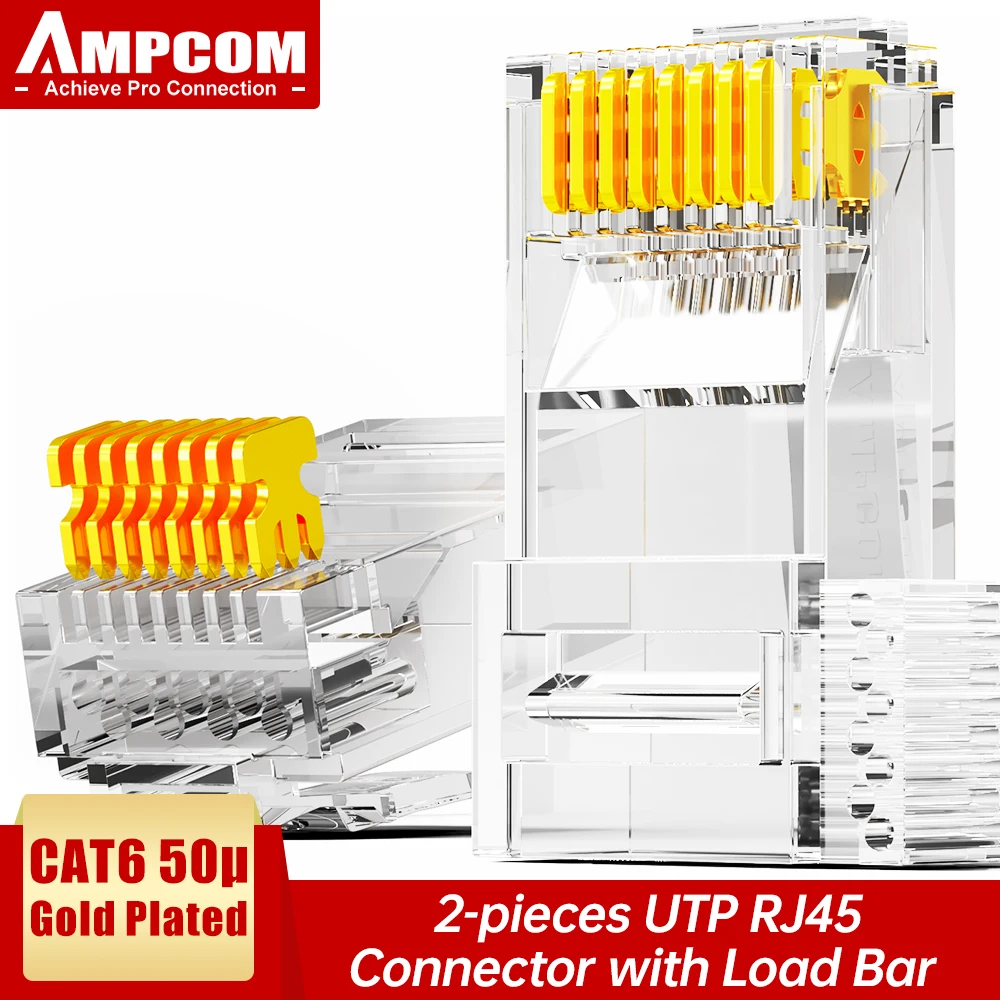 Модульный Штекерный разъем AMPCOM CAT6 RJ45, UTP 50 МК, позолоченный двухкомпонентный 8P8C, обжимной Конец для кабеля Ethernet, оптовый кабель Ethernet