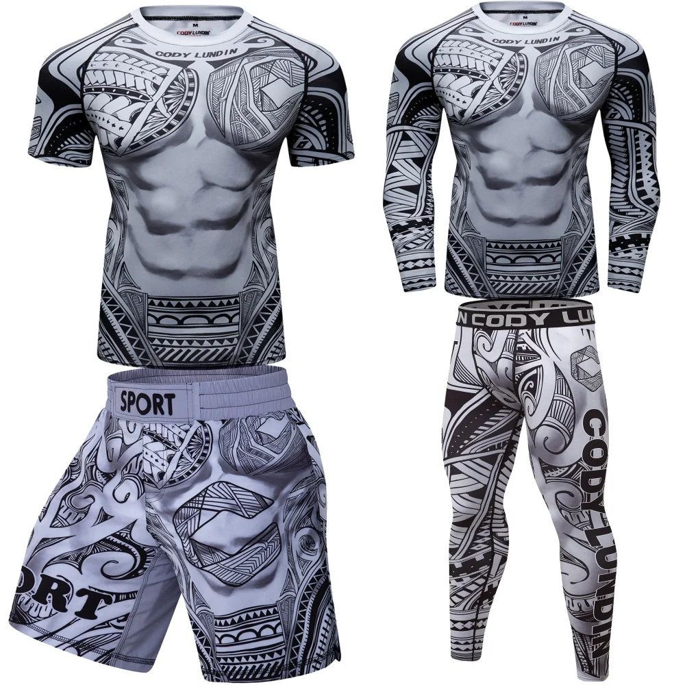 Men's Sport Compression Suit Running Set MMA Boxing Shorts Rashguard Workout Gym Clothing Sportswear Training Fitness Tracksuit