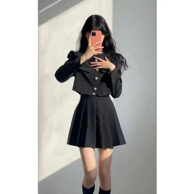 

UNXX 2023 твидовый Женский Черный винтажный офисный однобортный пиджак, Женский Повседневный тонкий короткий пиджак, пальто, комплект из двух предметов для женщин