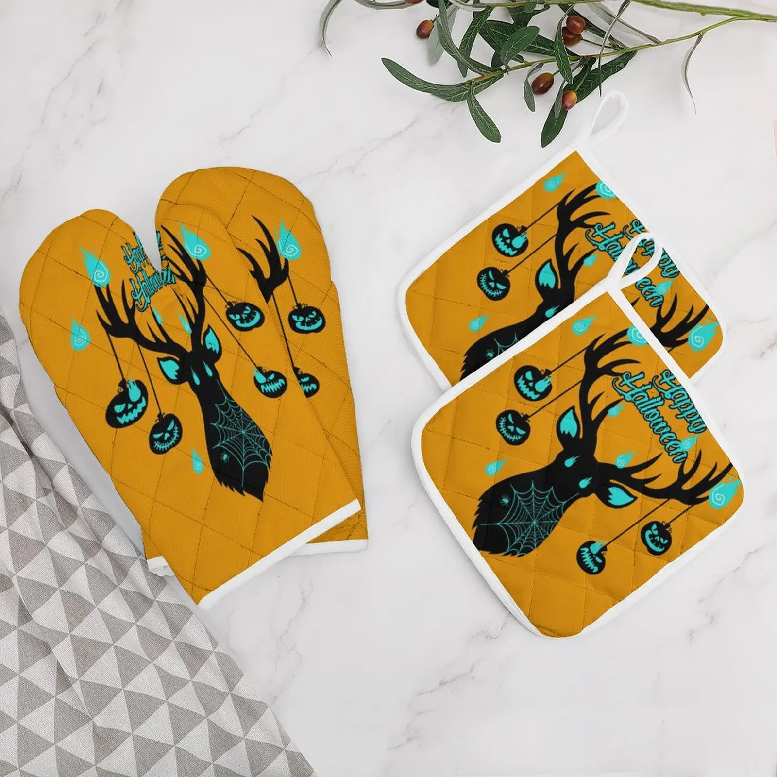 

Oven Mitts and Pot Holders Set Kitchen Mittens with Potholders Surface for Baking Cooking BBQ Happy Reindeer Pumpkin