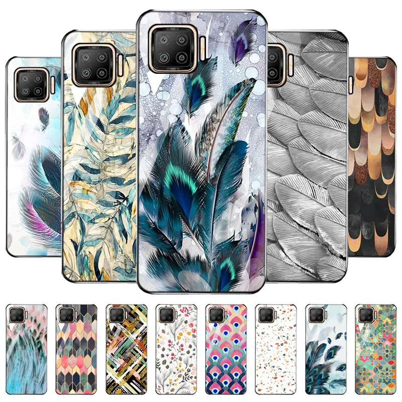 

Feather Painted Case For OPPO F17 Pro Case Tempered Glass OPPO R15 Mirror R11S R11 Plus R17 F11 Pro Reno 4 Lite 4SE 10X Cover