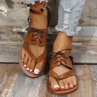 2022 flat sandals women buckle flip flops clip toe flats sandals vintage roman style beach shoes female gladiator large size