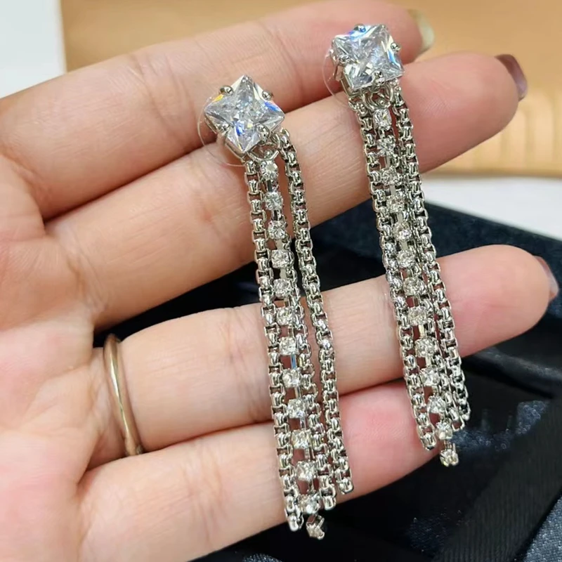 

Модные циркониевые серьги Suquare с 3 рядами цепочек и кисточками, геометрические серьги из серебра пробы, серьги для женщин, ювелирные изделия ...