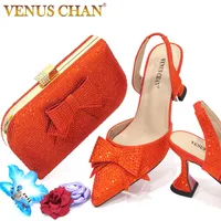 Latest INS Style Rhinestone Bow Side Empty Party High Heels Pointed Toe Stiletto Heels Orange Color Women's Shoes And Bags