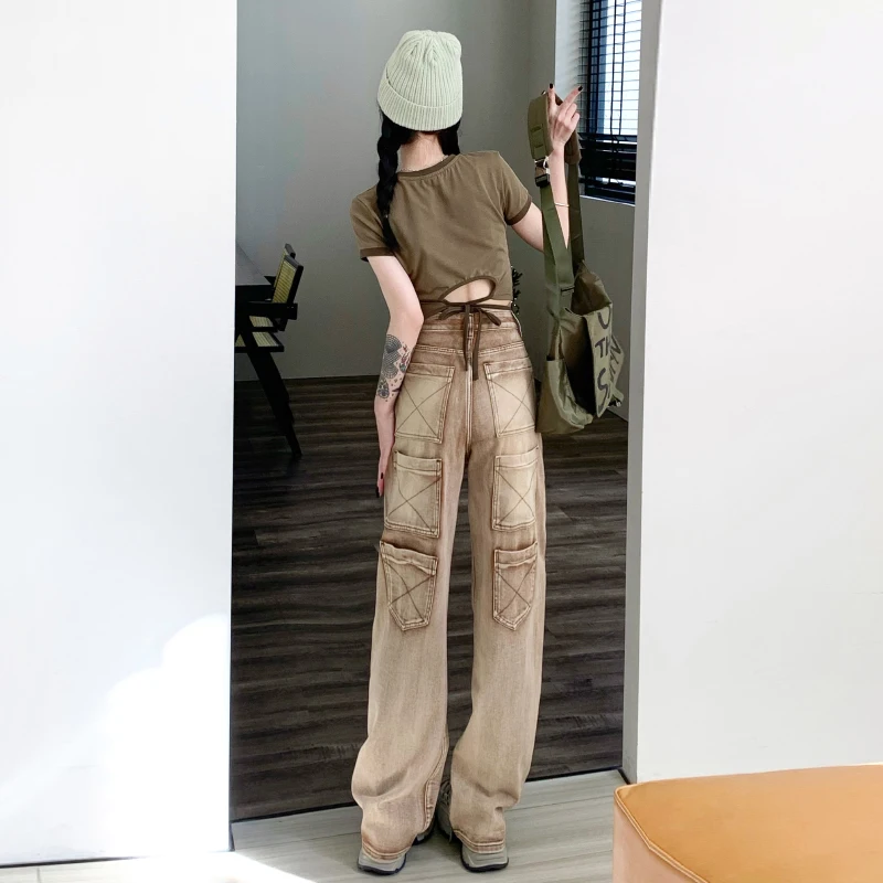 Aesthetic Vintage Cargo Women's Pants Y2k High Waist Straight Baggy Jeans Casual Chic Fake Zippers Pocket Female Trousers 2023