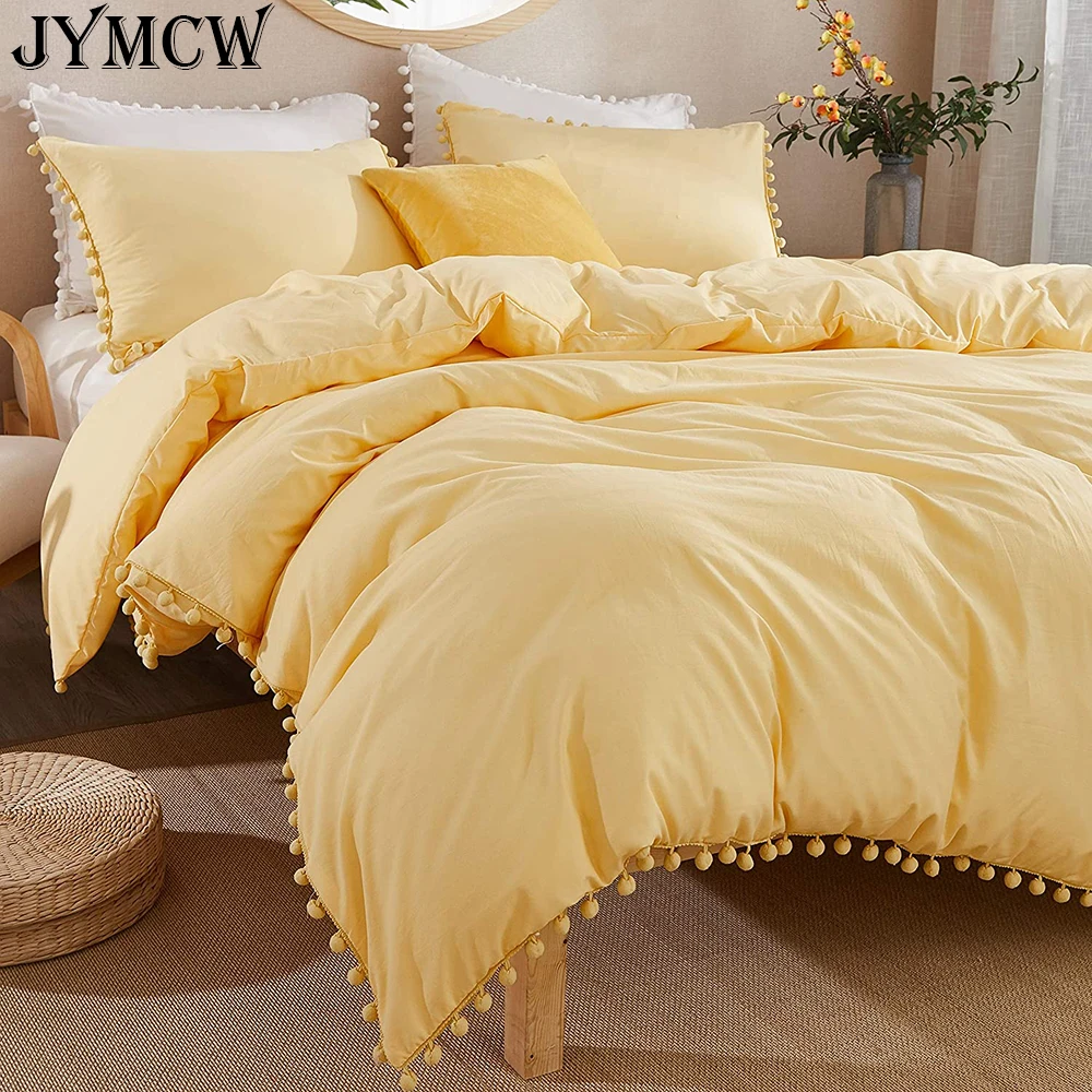 

Pom Pom Lightweight Bedding Duvet Cover King Size w/ 2 Ball Fringe Pillowcase - Super Soft Brushed Microfiber Duvet Cover