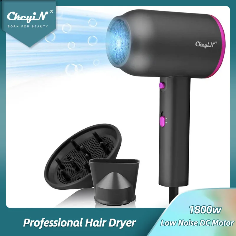 CkeyiN 1800W Large Power Hair Dryer Ionic 3 Speeds 2 Nozzles Hot/Cold For Home Hair Salon Negative Ion Blow Dryer Diffuser