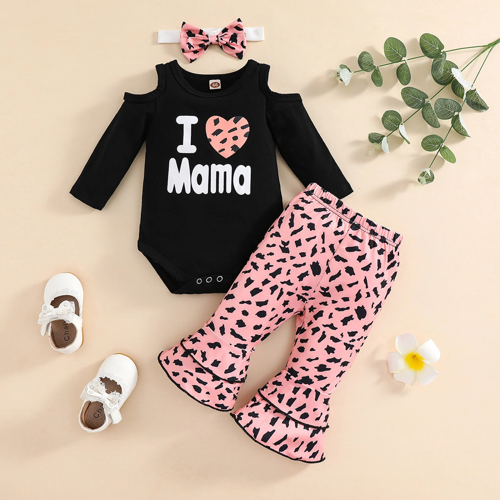 

Lovely Baby Girl Pants Set, Round Neck Off Shoulder Long Sleeve Lettering Romper Elastic Waist Leopard Pleated Pants Headband