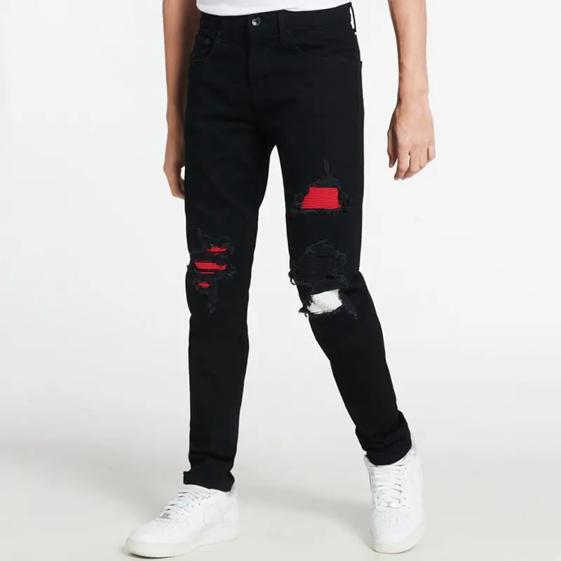 2022 Mens Ripped Jeans Pleated Patch Elastic Pencil Pants Full Length Denim Pants Streetwear Trousers Pantalones Vaqueros Hombre